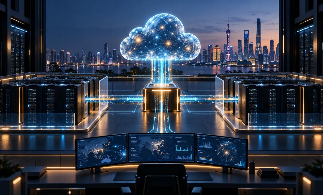 Editorial illustration of regional cloud infrastructure and controlled data connections with the Shanghai skyline.